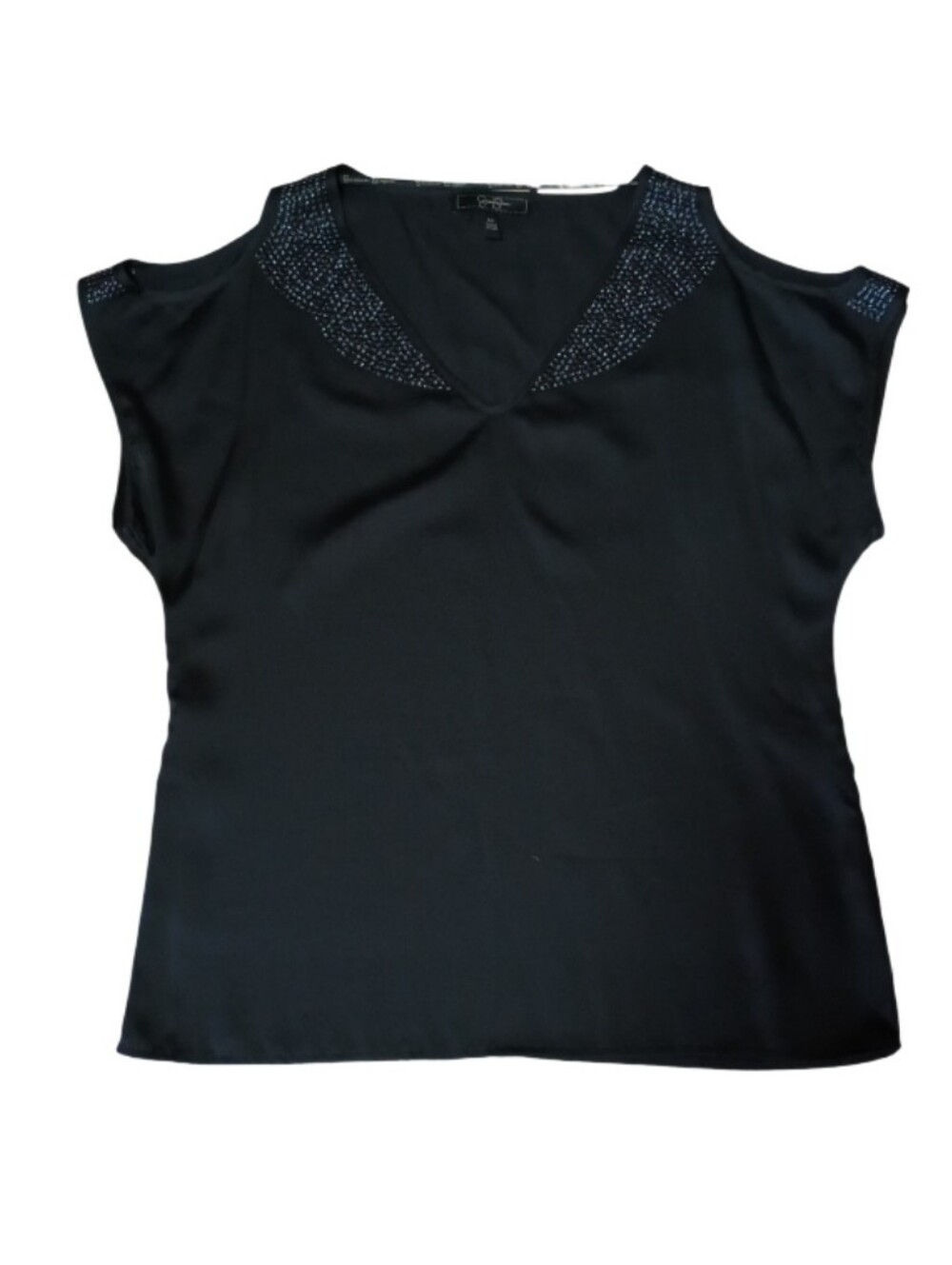 Jessica Simpson Black Cold-Shoulder V-Neck Top with Beaded Collar